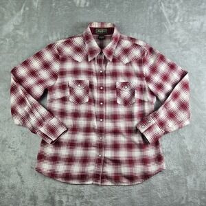 Vintage Eddie Bauer Shirt Medium‎ Red Cream Plaid Flannel Pearl Snap Western